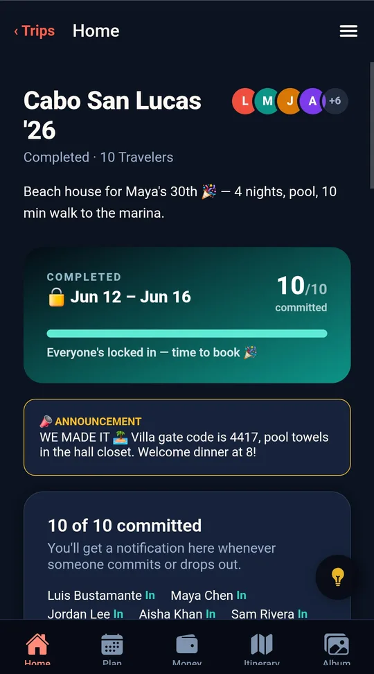 Trip home screen: Cabo San Lucas trip with 10 of 10 travelers committed
