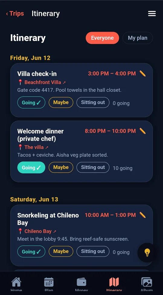Shared itinerary with RSVPs for each activity