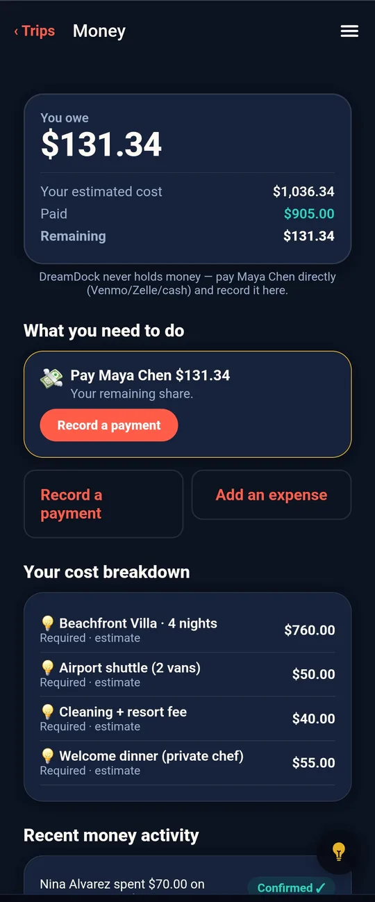 Money screen showing your share, what you paid, and what remains
