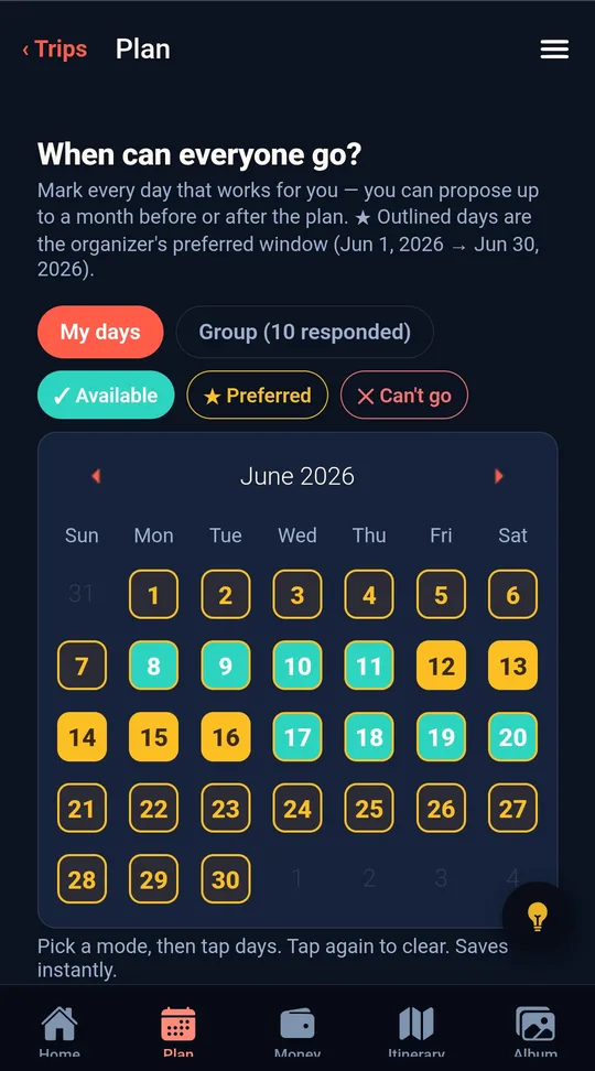 Availability calendar where the whole group marks the days that work